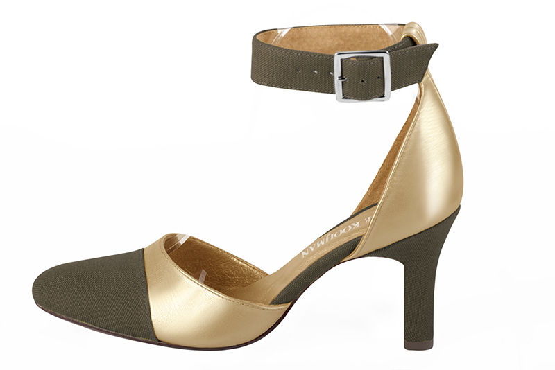 Khaki green and gold women's open side shoes, with a strap around the ankle. Round toe. High kitten heels. Profile view - Florence KOOIJMAN